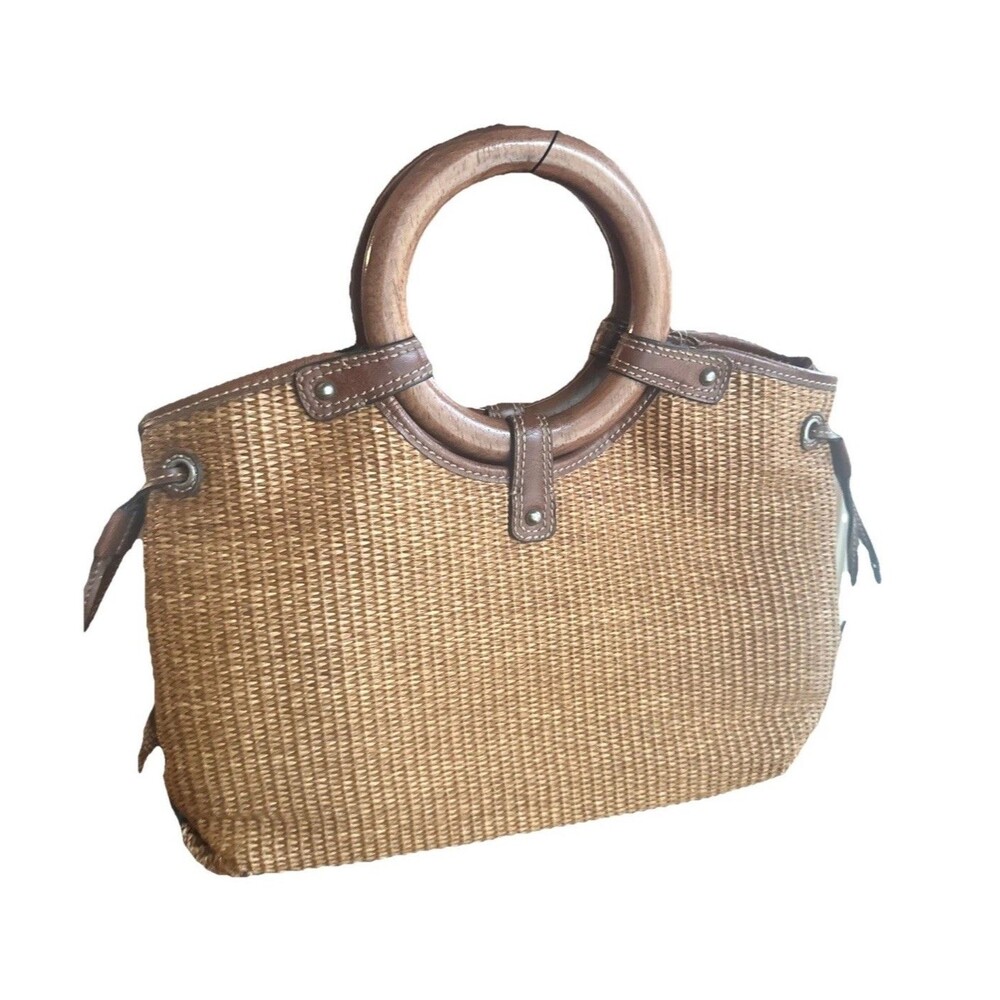 Vintage Fossil Woven Tan Wicker Weave Wood Handle Handbag Striped Lining 13 x 10
